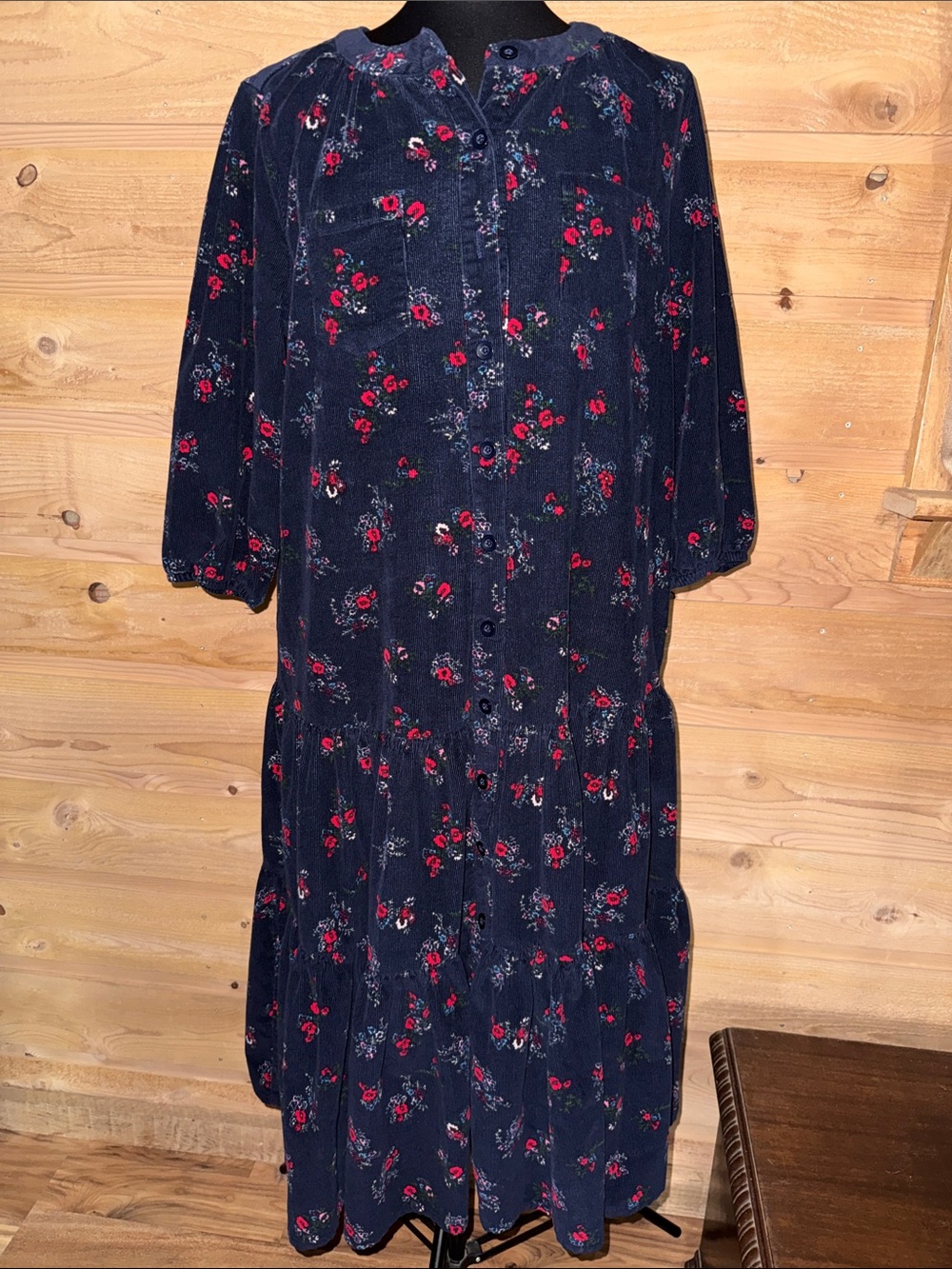 Navy Floral Button-Front tiered corduroy 3/4 sleeve dress Vermont Country Store